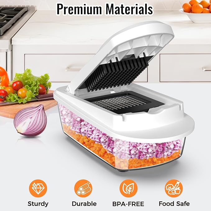 12 Blade All-in-1 Vegetable Chopper Mandoline Slicer with Container, Spiralizer with Containers, Food Chopper, Onion Chopper, Veggie Cutter for Salad, Kitchen Gadgets Accessories Essentials, White