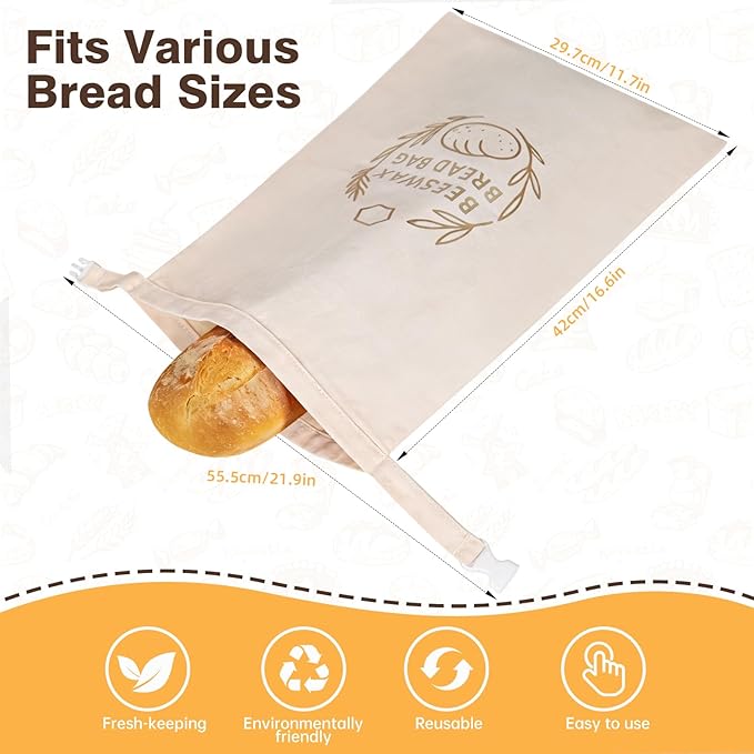 2 Pack XL Reusable Beeswax Bread Bags for Sourdough Baking, Organic Waxed Lined, Cotton Bread Bags for Homemade Bread, Food-Storage Bag to Keep Fresh