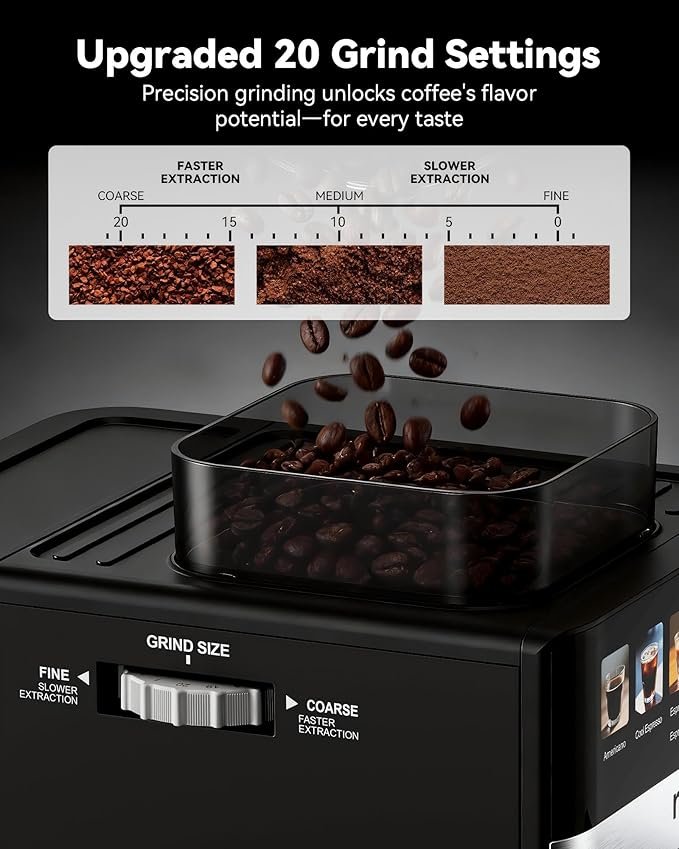 Espresso Machine with Grinder,20Bar Compact Espresso Maker with Steam Milk Frother,Coffee Maker for Home - Cappuccino Latte & Cold Brew Iced Coffee Maker & Americano, Gift for Women or Men