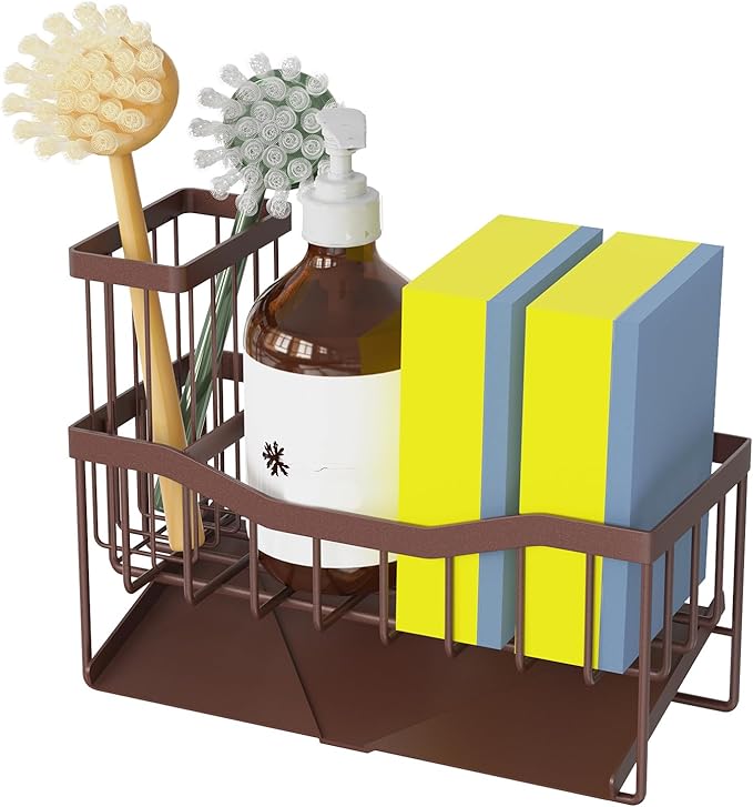 Maifan Sink Caddy Sponge Holder for Kitchen with Brush Holder and Stainless Steel Self Drain Tray, Rustproof Kitchen Sink Organizer for Sponge, Soap Dispenser Storage Accessories