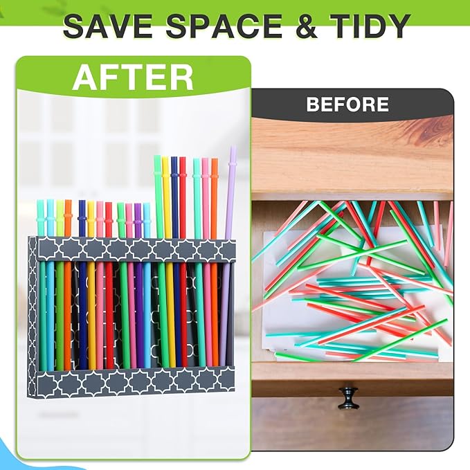 Qinyoung Acrylic Straw Holder for Cabinet Door with Double Sided Adhesive Tape Reusable Straw Organizer Tumbler Storage Kitchen Accessories Container for Counter Cupboard(White Lines,Large,Grey)