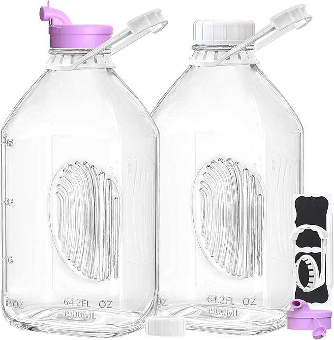 2 Pack 64 Oz Heavy Duty Glass Milk Bottle with 1 Silicone Spout and 3 Reusable Airtight SCREW LID, 2 Qt Glass Water Bottle with 2 Exact Scale Lines - Milk Jug Pitcher - 1/2 Gal Juice Bottles