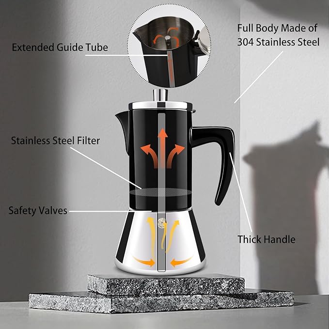4 Cup Thickened 304 Stainless Steel Moka Pot Stovetop Espresso Maker Cafeteras Italian Percolator Espress Makers Capable Greca Mocha Coffee Machine for Induction Home and Camping 200ml 6.6oz