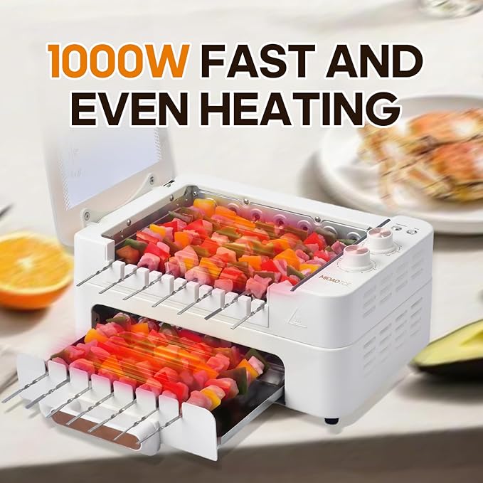 3-IN-1 Skewer Electric Indoor Grill - 1000W Electric Grill with 360° Auto-Rotating, Smokeless Indoor Grill with 3 Cooking Modes, Temperature Adjustable, Removable Tempered Glass Lid