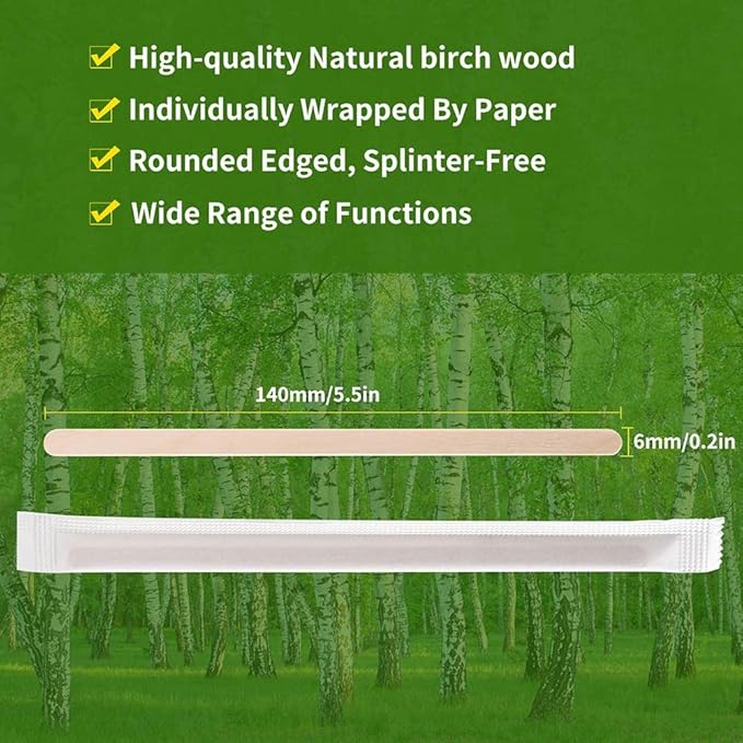 MFJUNS 1000pcs Individually Wrapped Coffee Stirrers Wood - 5.5" Coffee Stir Sticks, Round End Disposable coffee stirrer, For Coffee, Cocktail and Hot Drinks