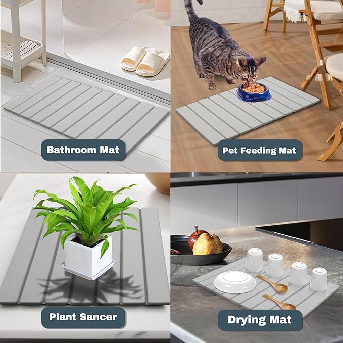 AIFLM Large Stone Dish Drying Mats for Kitchen Counter , Quick Dry Absorbent Collapsible Dish Drying Mat, 24”(L)x16”(W) Diatomaceous Earth Mats for Dishes Bottles Cups,Match Any Countertop