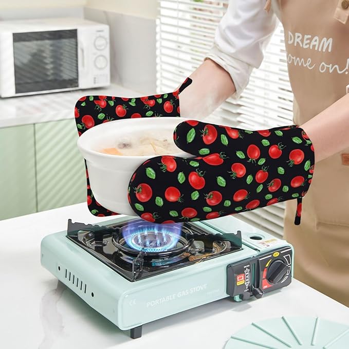 Cherry Tomatoes and Leaves Oven Mitts and Pot Holders Sets Silicone Kitchen Oven Mitts Hot Pads Heat Resistant Potholders Kitchen Mitts Set for Baking BBQ Cooking