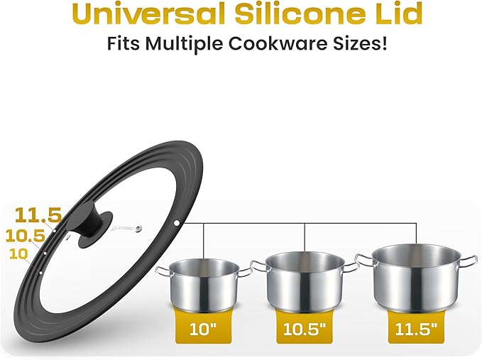 LSR Loreso Universal Pan Lid for Pots Pans and Skillets 10-11.5 Inch - Tempered Glass Pot Lid with Auto-Sizing Silicone Rim - Black