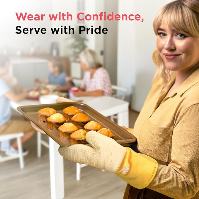 Kitchen Mama UltraShield Silicone Oven Mitts – Heat Resistant, Non-Slip Surface, Durable, Safe, Pot Holders, Flexible Waterproof Glove Set, Perfect for Cooking, Baking, Grilling, BBQ (Yellow)