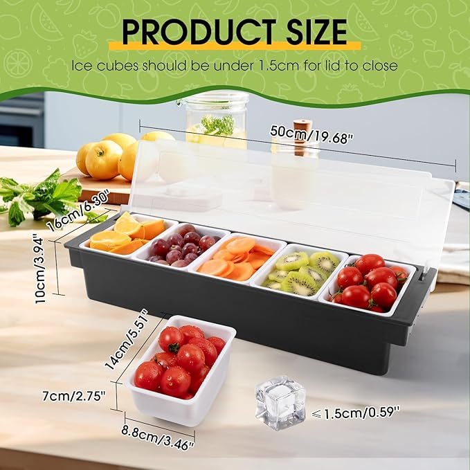 Fruit, Veggie & Condiment Caddy with Lid, 5 Removable Compartments, Ice-Cooled Garnish Tray for Bartenders, Pizza Topping Organizer, Taco Bar Cooler, Portable Condiment Serving Tray