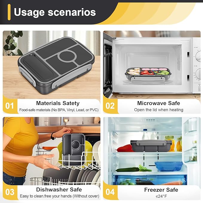 Amathley Bento Box Adult Lunch Box Kids,Lunch Containers for Adults/Kids/Toddler,5 Compartments Bento Lunch Box with Sauce Vontainers,Microwave & Dishwasher & Freezer Safe,BPA-Free (Dark Gray)