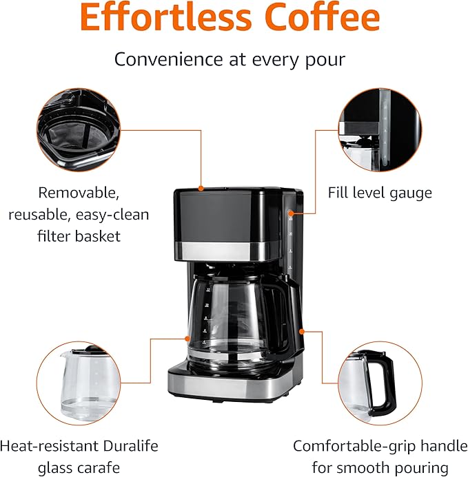 Amazon Basics 12 Cup Drip Coffee Maker with Glass Carafe (1.9 Qt), Auto Shut-off, Auto Pause, Removable Filter Basket, Black & Silver