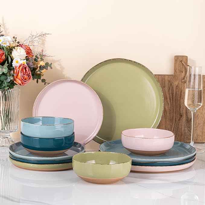 AmorArc Ceramic Dinnerware Sets for 4, 12 Pieces Handpainted Plates and Bowls Set with Rustic Terracotta Underside, Scratch Resistant Stoneware Dishes Set, Dishwasher & Microwave Safe, Multi-Color