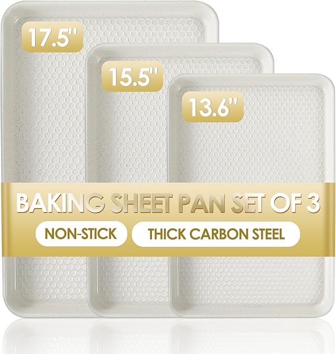 Baking Sheet Pan Set of 3, Nonstick Carbon Steel Cookie Sheets with Texture, Commercial Half/Quarter/Jelly Roll Pans Replacement Toaster Oven Tray, Heavy Duty & Easy Clean, White