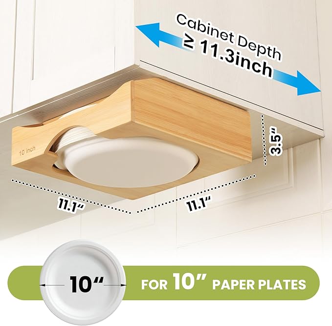 10-inch Paper Plate Dispenser Under Cabinet, Bamboo Paper Plate Holders, Kitchen Counter Vertical Plate Dispensers Holders Countertop Caddy(For 10-inch Plates, Bamboo)