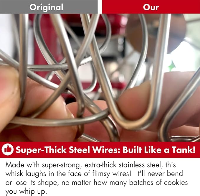 Heavy Duty Whisk Attachment for KitchenAid 7-8QT Bowl-Lift Stand Mixers- Extra Thick Stainless Steel Wire Whip for Fast Whipping, Perfect for Large Batches, Dishwasher Safe