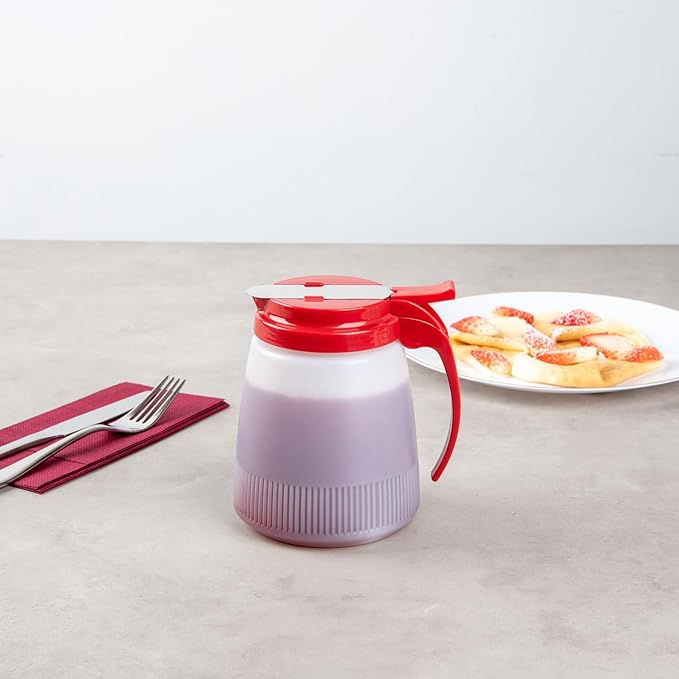 Restaurantware-Chef 101 32 Ounce All Purpose Syrup Dispenser, 1 Honey Dispenser - Red Top, Stainless Steel Slide Cover, Plastic Pancake Syrup Bottle, Perfect For Diners, Restaurants, Home