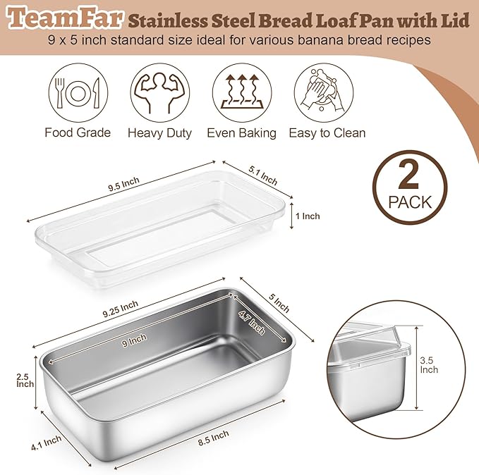 TeamFar Loaf Pans for Baking Bread, 9 x 5 Inch Stainless Steel Bread Loaf Pan with Lid, Meatloaf Pan Tin for Homemade Bread, Brownies, Meal Prep, Storage, Healthy & Dishwasher Safe - Set of 2