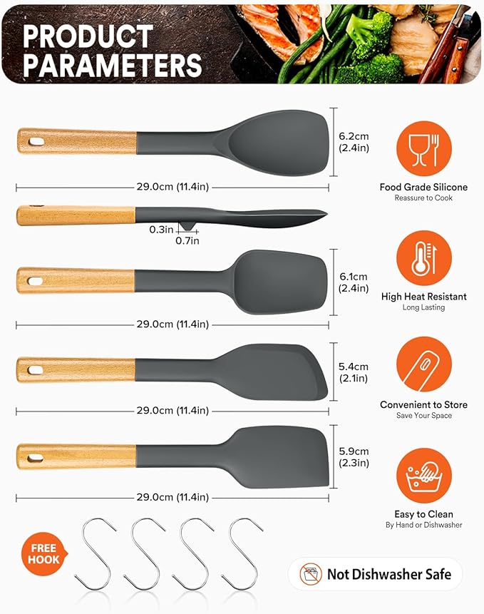 Silicone Spatula Spoon Set, Great for Mixing, Folding, Scraping, and Spreading, Sturdy BPA-Free Matte Silicone, Wooden Handle Rubber Spoonula for Nonstick Cookwares,4 Pack (GREY)