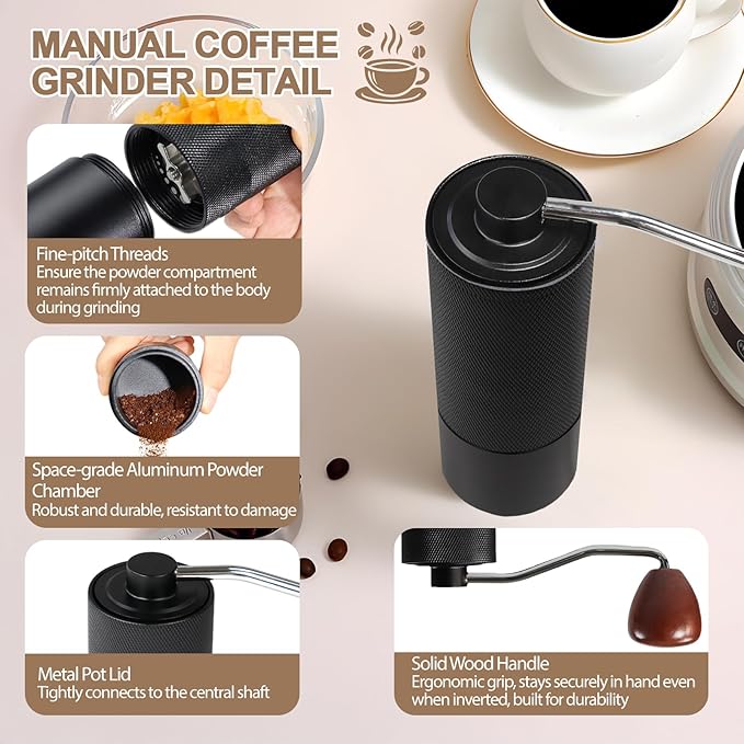 Non-Detachable Manual Coffee Grinder with 25 Level Stainless Steel Conical Burr Portable Aluminum Coffee Bean Grinder Gift Set Suitable for Moka Pot Espresso Pour Over Easy Cleaning with Brush
