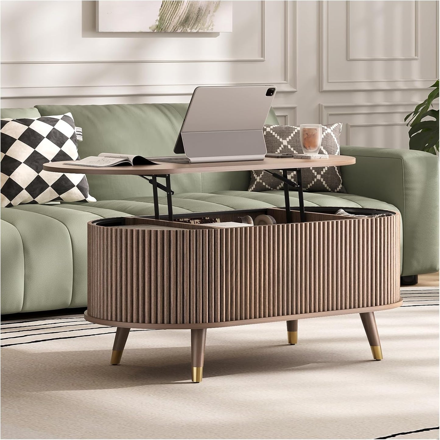 Oval Coffee Table with Storage,42.5” Fluted Coffee Table with Lifting Top & Solid Wood Legs,Modern Lift Up Center Table for Living Room,Home Office,Walnut