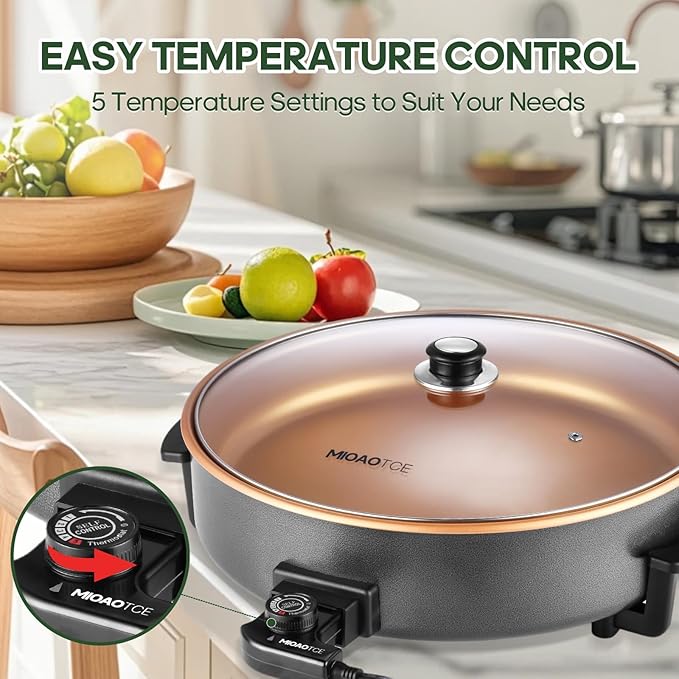 16" Extra Large Electric Skillet with lid, Ceramic Nonstick Coating Electric Frying Pan, 1500W Quick & Even Heating, 5 Adjustable Temperature Control, Tempered Glass Lid & Cool-Touch Handles