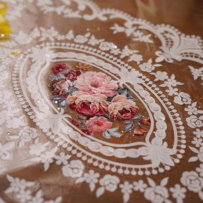 Waterproof Clear Table Cover Protector Vinyl Round Table Cloth with Lace Pattern Oil Spill Proof Wipe Clean Plastic Tablecloths for Dining Tables (French Lace, 55 Inches Round)