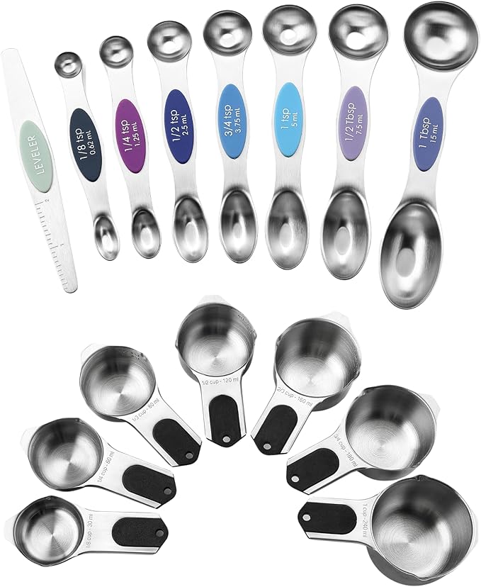 Spring Chef Dual Sided Magnetic Measuring Spoons Set, Winter Frost, Set of 8 & Stainless Steel Magnetic Measuring Cups, Set of 7, Black - 2 Product Bundle