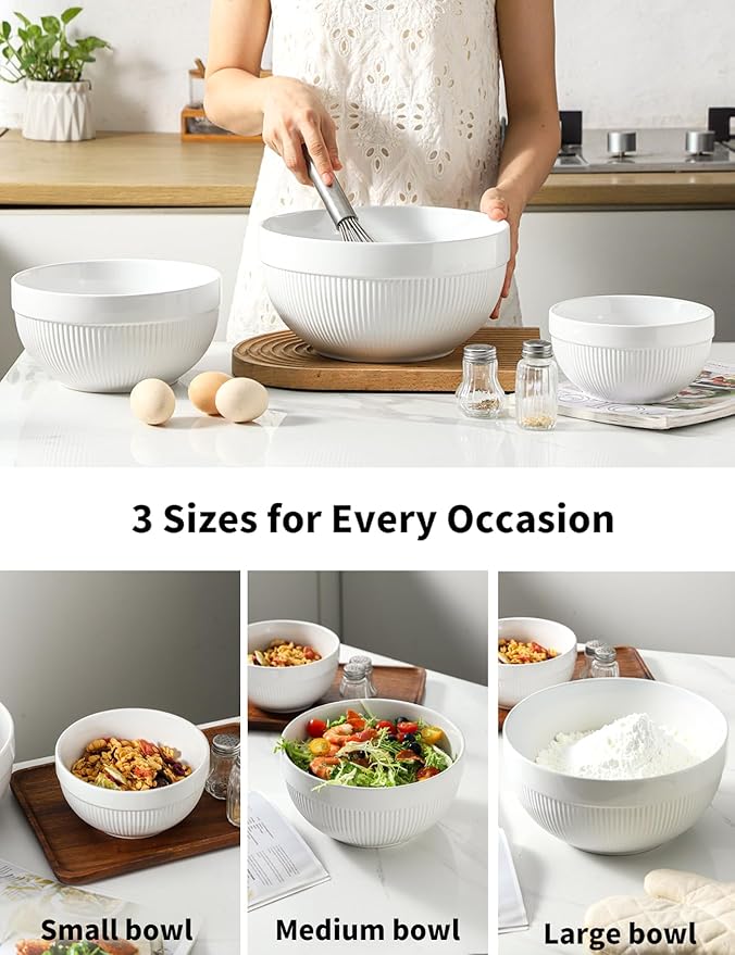 Large Ceramic Mixing Bowls, White Kitchen Bowls (1QT/2.3QT/4.6QT), Set of 3 Nesting Bowls for Baking, Cooking, Serving, Prepping, Dough Bread Making Bowl, Microwave and Dishwasher Safe