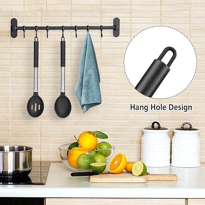Pack of 2 Large Silicone Cooking Spoons, Non-Stick Stainless Steel Slotted and Solid Spoon Set for Serving, Mixing, Draining, Heat Resistant, Scratch Resistant and BPA Free Kitchen Scoops (Black)
