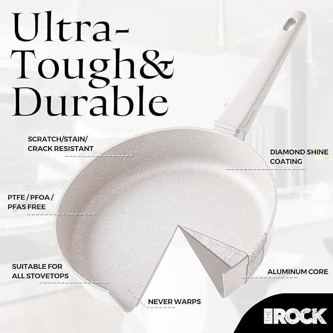 THE ROCK SOHO 15Pcs Ceramic Cookware Set – Non toxic Pots and Pans Set Non Stick with ROCK.TEC – Nothing Sticks, Never Warps, Lasts Longer, PTFE PFOA & PFAS Free, Induction & Dishwasher Safe, Cream