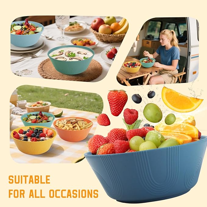 Wheat Straw Bowl Sets of 6 - 36oz Cereal Bowls with Textured Design,Large Soup Bowl - Microwave and Dishwasher Safe, Ramen Bowl Set, Alternative to Plastic Bowls for Serving Soup,Ramen,Salad - Multi