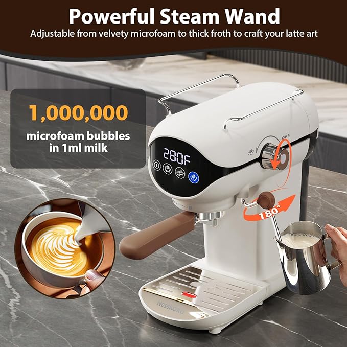 Espresso Machine with Steam Milk Frother Semi Automatic 20 Bar Compact White with Touch Screen for home Cafetera Espresso, Latte, Cappuccino, Americano, Macchiato