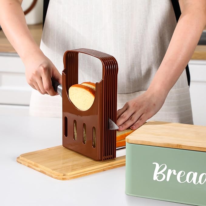 Teenyyou 2 Pcs Extra Large Bread Box with Slicer, Metal Farmhouse Bread Storage Container with Bamboo Cutting Board Lids Multi-size Breadbox Set for Kitchen Countertop (Sage Green)