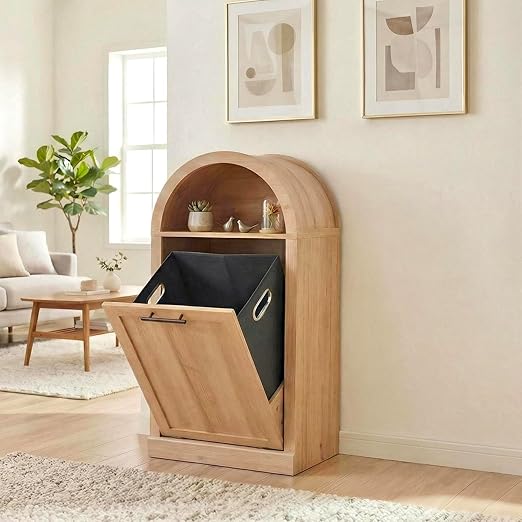 Seang Arched Tilt-Out Trash Can Cabinet,Laundry Hamper Cabinet with Foldable Laundry Basket,Wooden Hidden Garbage Can Cabinets with Metal Handle & Hooks,Natural