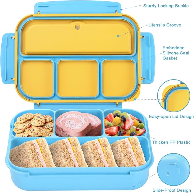 shell and turtle Bento Box for Kids Girls Boys, Bento Box Adult Lunch Box with 4 Compartments, Lunch Containers with Utensils, Sauce Jar, Muffin Liners for School, 40 Oz/5 Cup, Blue