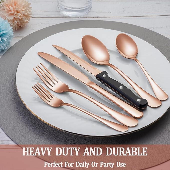 36 Pcs Rose Gold Silverware Set with Steak Knives Service for 6,Stainless Steel Flatware Set,Mirror Polished Cutlery Utensil Set, Kitchen Eating Tableware,Include Fork Knife Spoon Set,Dishwasher Safe