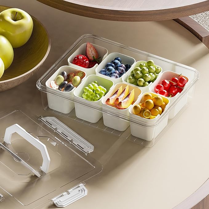 REBECAT Divided Serving Tray with Lid and Handles 8 Compartments Snack Box Container Charcuterie Organizer Snackle Box Container for Candy,Nuts，Fruits,Snacks,2 Pack,White