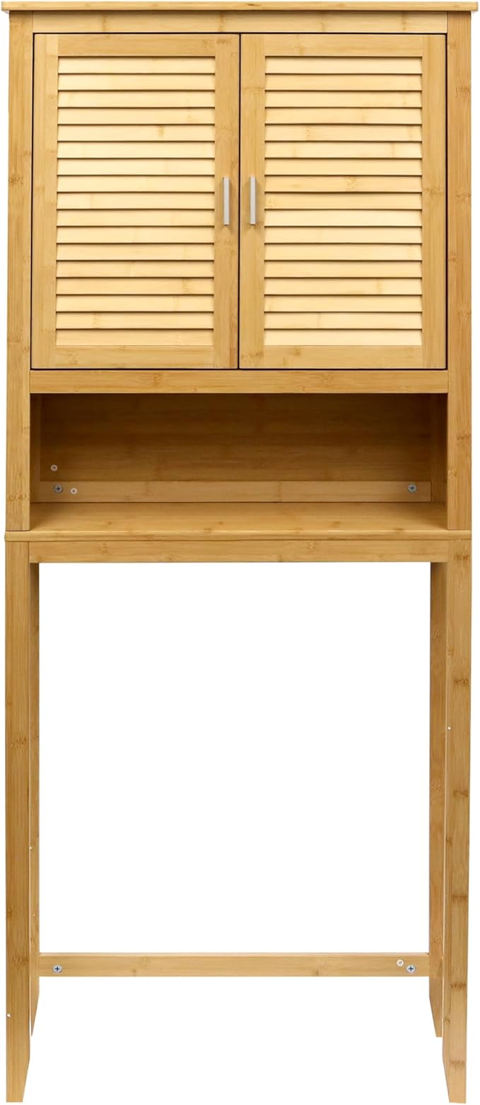 RoyalHouse Bamboo Over The Toilet Storage Cabinet with Bottom Shelf, Free Standing Storage Cabinet, Perfect Bathroom Space Saver with Double Door Organizer