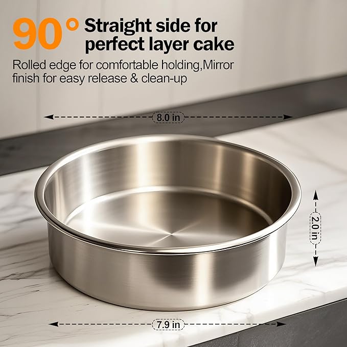 8 Inch Cake Pan Set of 2, Stainless Steel Baking Pan Round Cake Mold for Layered Cakes, No Coating Smash Cake Pans Cake Mold, Mirror Finish Dishwasher Safe Cake Pans Sets for Baking