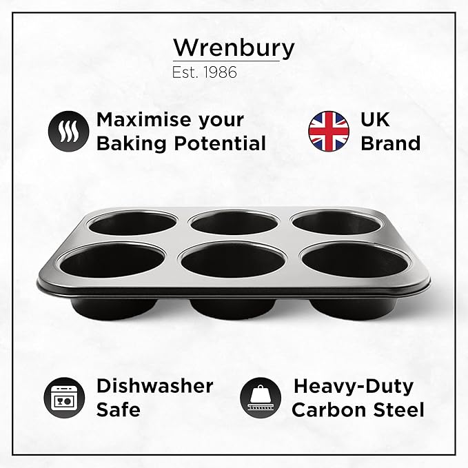 Wrenbury Jumbo Muffin Pan 6 Cup Set of 2 - Nonstick XL Deep Muffin Pan for Baking 3.75" Cup - Big Cup Tin - Oversized Extra Large Cupcake Mold - PTFE Free
