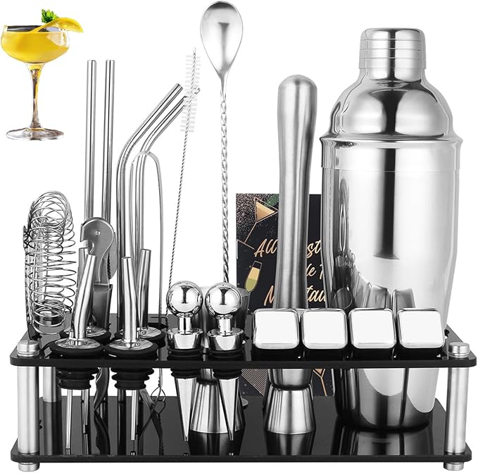 25-Piece Cocktail Shaker Set, Stainless Steel Bartender Kit with Acrylic Stand & Cocktail Recipes Booklet, Professional Bar Tools for Drink Mixing, Home, Bar, Party (Include 4 Whiskey Stones)
