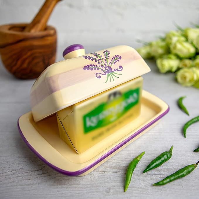 City to Cottage Large Butter Dish with Lid for Countertop, Ceramic Butter Keeper, Butter Container with Knob Handle, Butter Holder Tray with Cover, Handcrafted Cream Lavender Floral Butter Dish