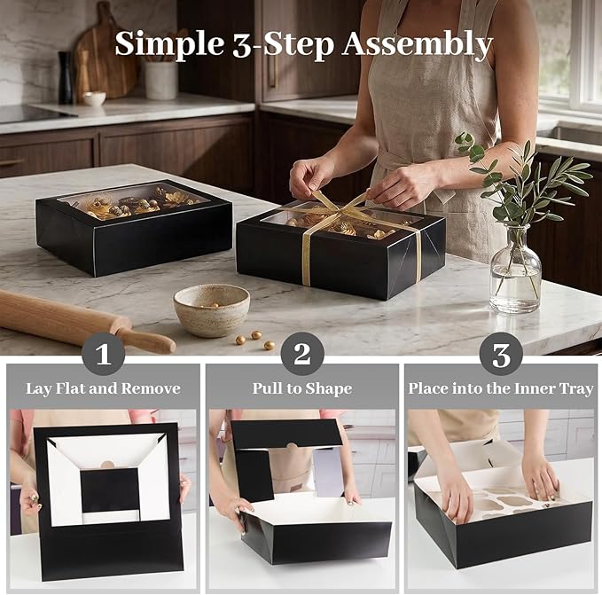 VGOODALL 12 Count Cupcake Boxes, 6PCS Cupcake Containers with Window Black Pastry Boxes for Birthday Holiday Party Bakery Supplies