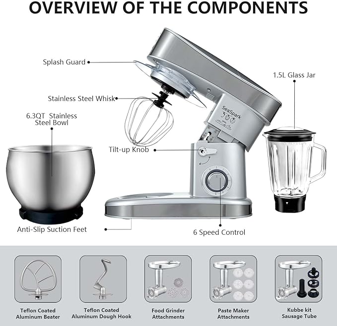 Multifunctional Stand Mixer, 6 in 1 Stand Mixer, 6.3Qt Tilt-head, Standing Mixer with Stainless Steel Bowl, Meat Grinder, Juice Blender, for professional Baking and Most Home Cooks, Silver
