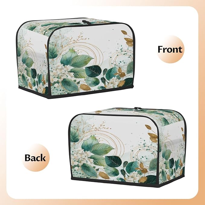 4 Slice Toaster Cover,Sage Green Eucalyptus Leaves Floral Gold Line Small Kitchen Appliance Bread Machine Cover with Pockets,Dust & Fingerprint Protection