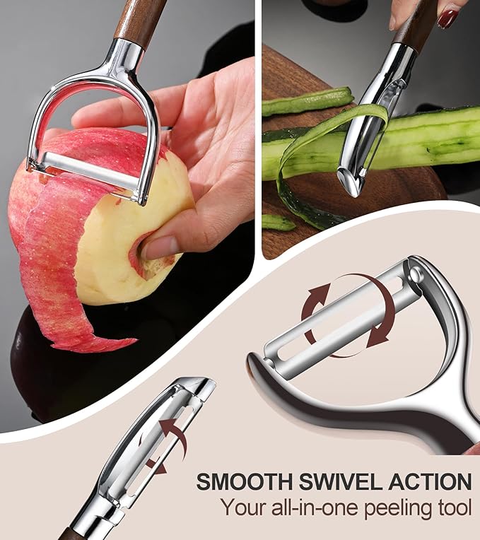 Ugotit Premium Vegetable Peeler, I Type 304 Stainless Steel Swivel Blade, Potato Eye Remover, Real Wood Handle Leather Strap, Kitchen Essentials