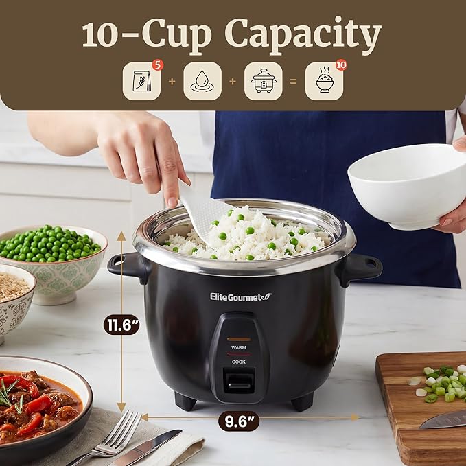 Elite Gourmet ERC2001BX 10-Cup Electric Rice Cooker with 304 Surgical Grade Stainless Steel Inner Pot, Makes Soups, Stews, Porridges, Grains and Cereals
