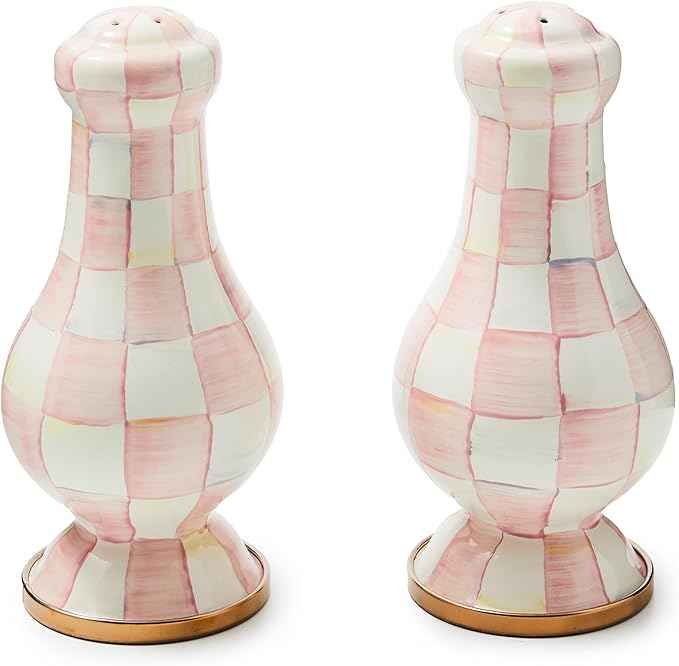 MACKENZIE-CHILDS Enamel Salt and Pepper Shakers, Kitchen Table Spice Shaker Set, Pink-and-White Rosy Check, Large