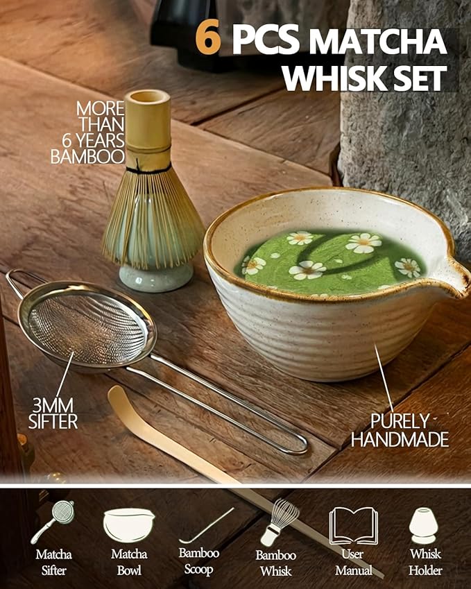 Vaiheng Matcha Whisk Set with Matcha Bowl, Matcha Whisk Holder Matcha Bamboo Whisks, Scoop, Sifter, Funny Gifts for Women Mom Her Girl Friend Home Kitchen Decor Gifts for Tea Enthusiasts Christmas